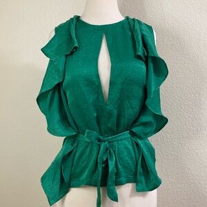 Nasty Gal Lucky‎ Green Ruffles And Waist Tie Keyhole Top